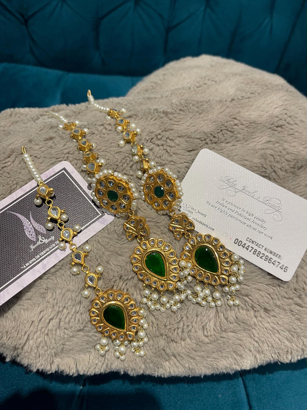 Kundan Emerald Earrings and Tikka Set: Gold Plated Indian Jewelry