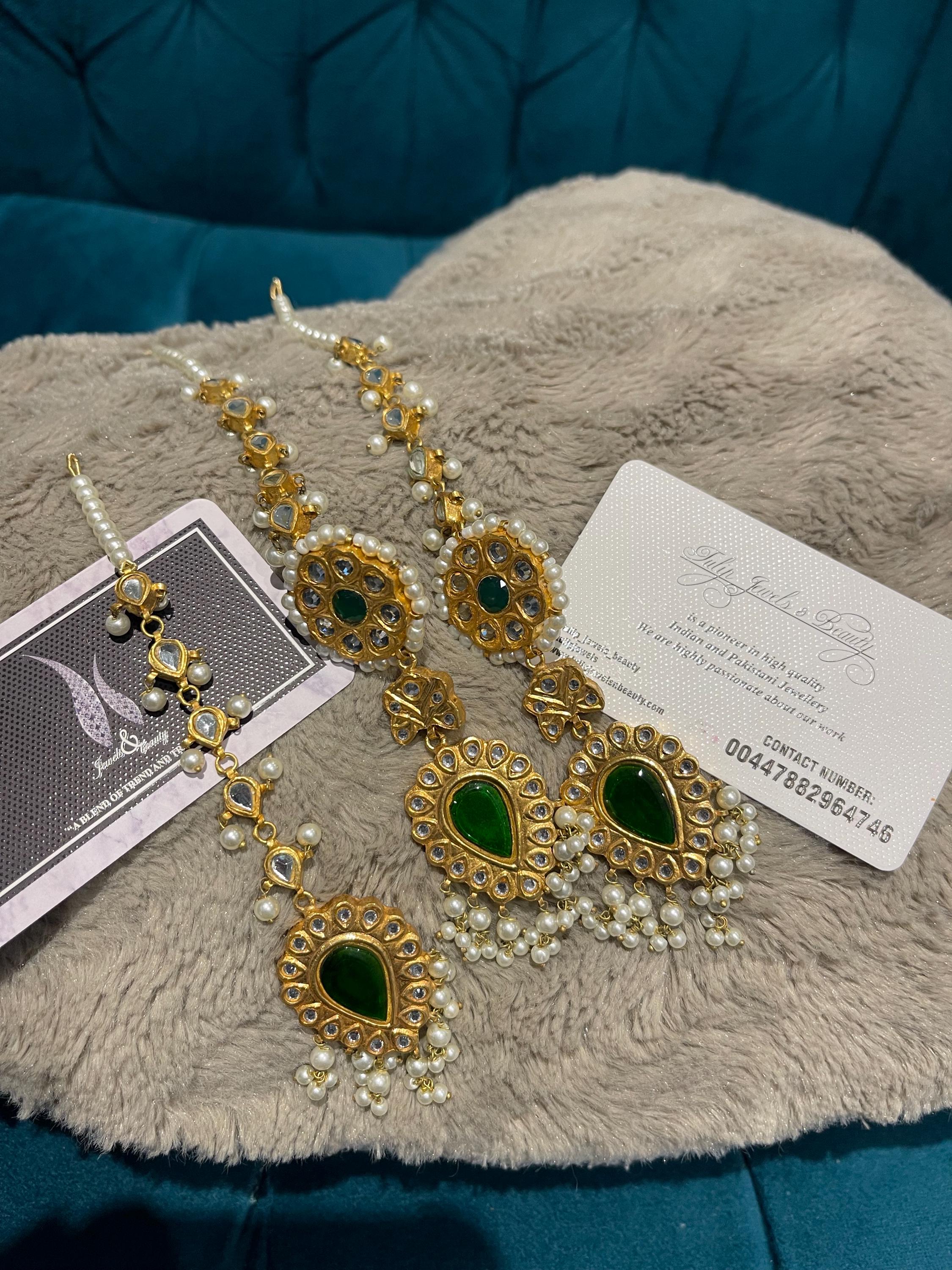 Kundan Emerald Earrings and Tikka Set: Gold Plated Indian Jewelry