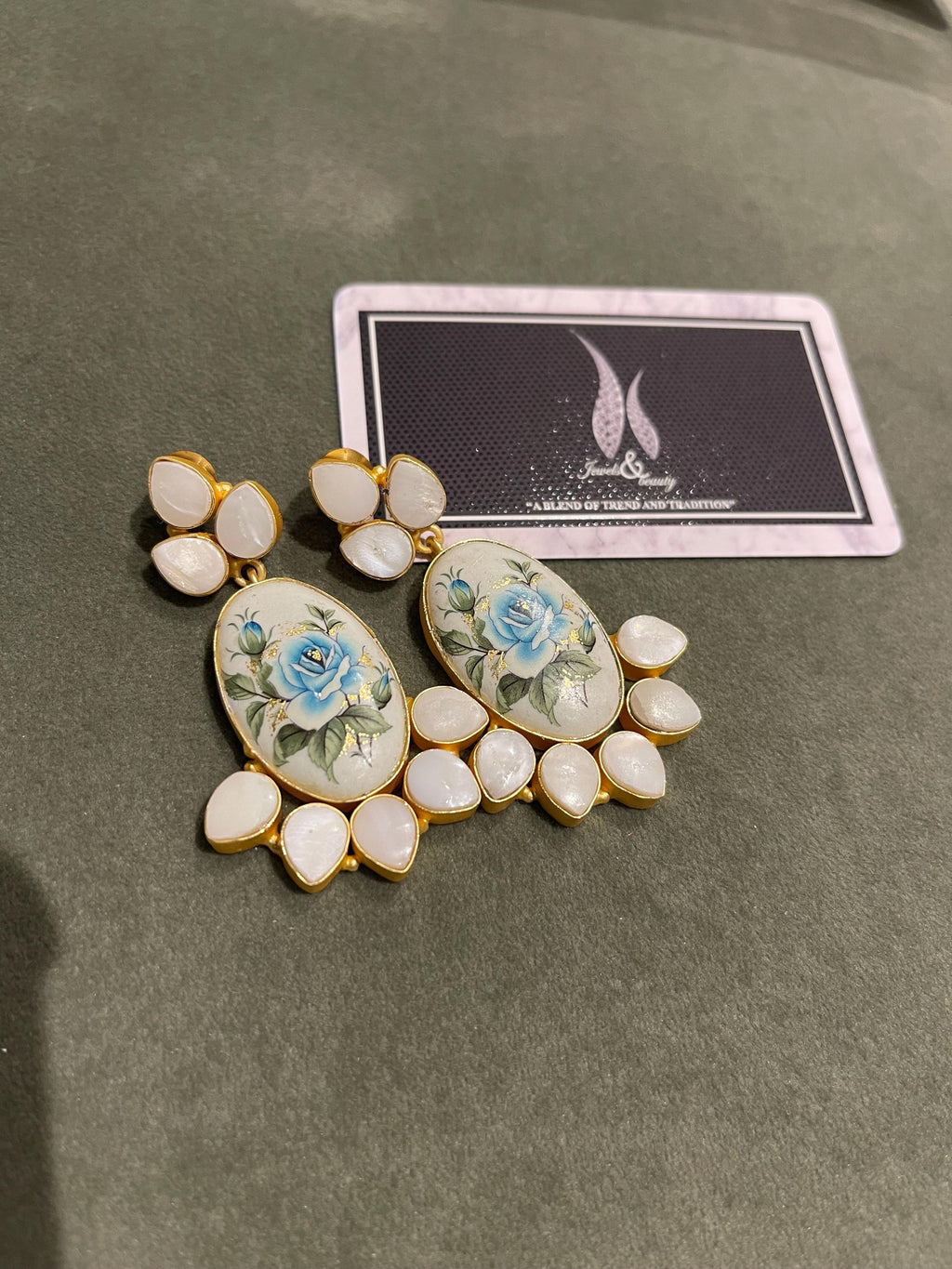 Real Pearl Drop Earrings: Japanese Beads, Blue Flower Art