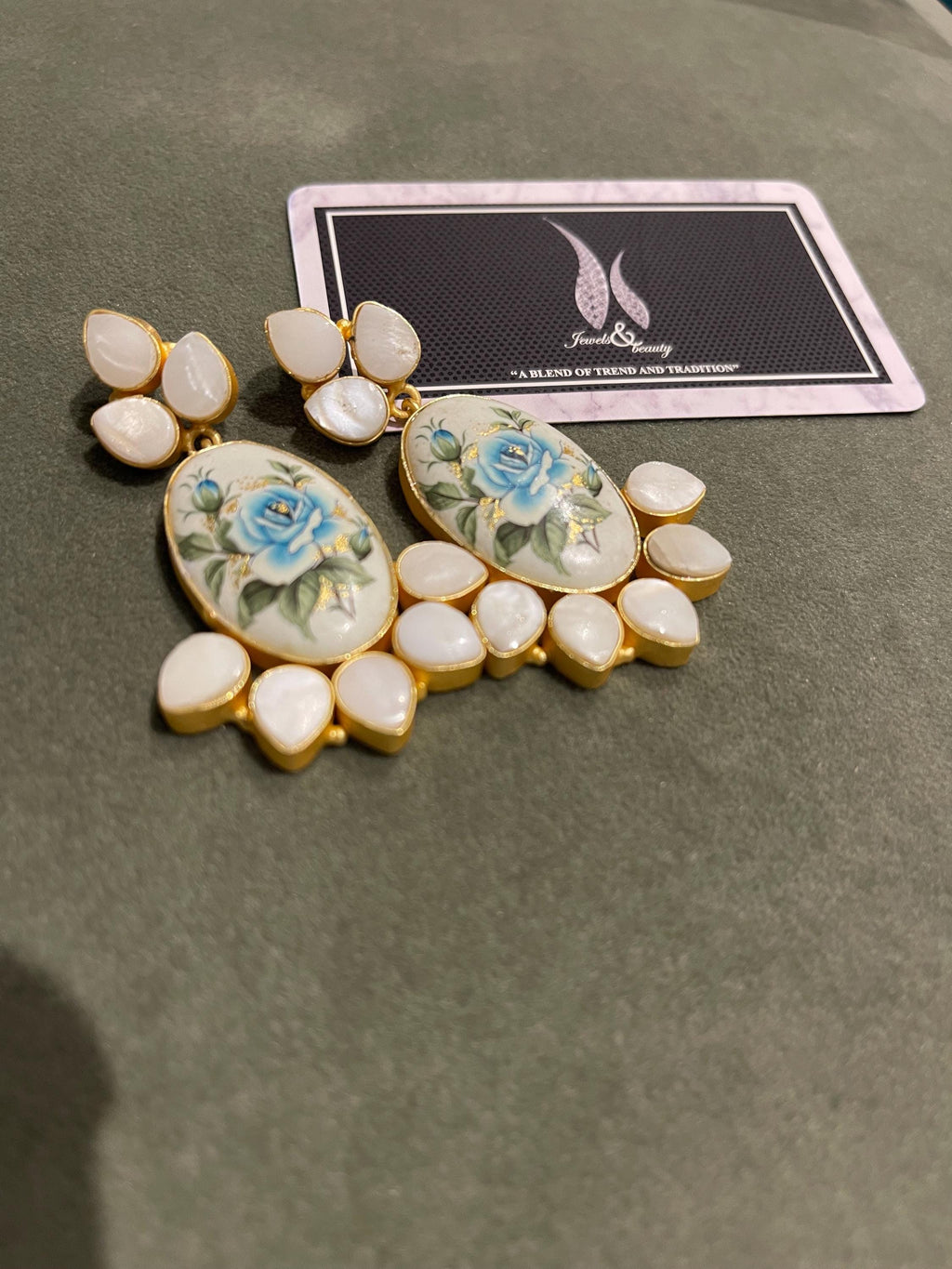 Real Pearl Drop Earrings: Japanese Beads, Blue Flower Art