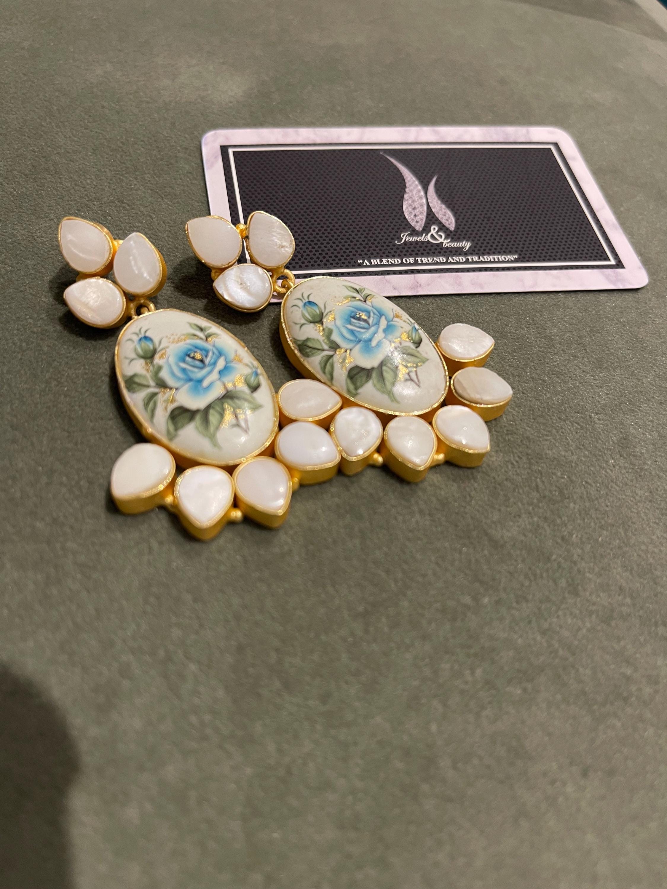Real Pearl Drop Earrings: Japanese Beads, Blue Flower Art