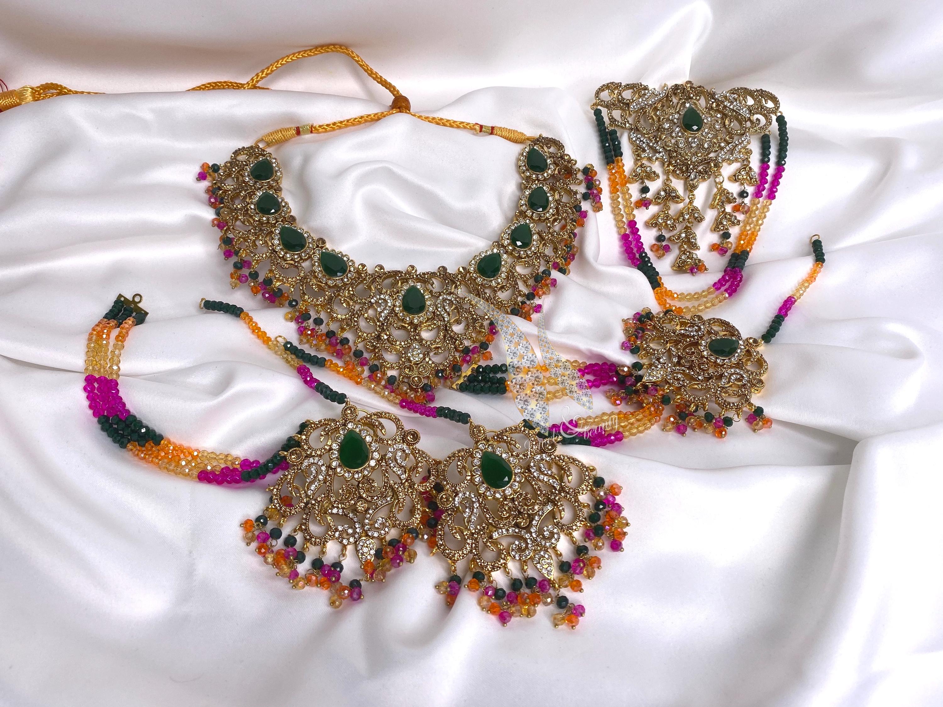Indian Wedding Jewelry Set: Green Stone Necklace, Earrings, Tikka, Jhummar