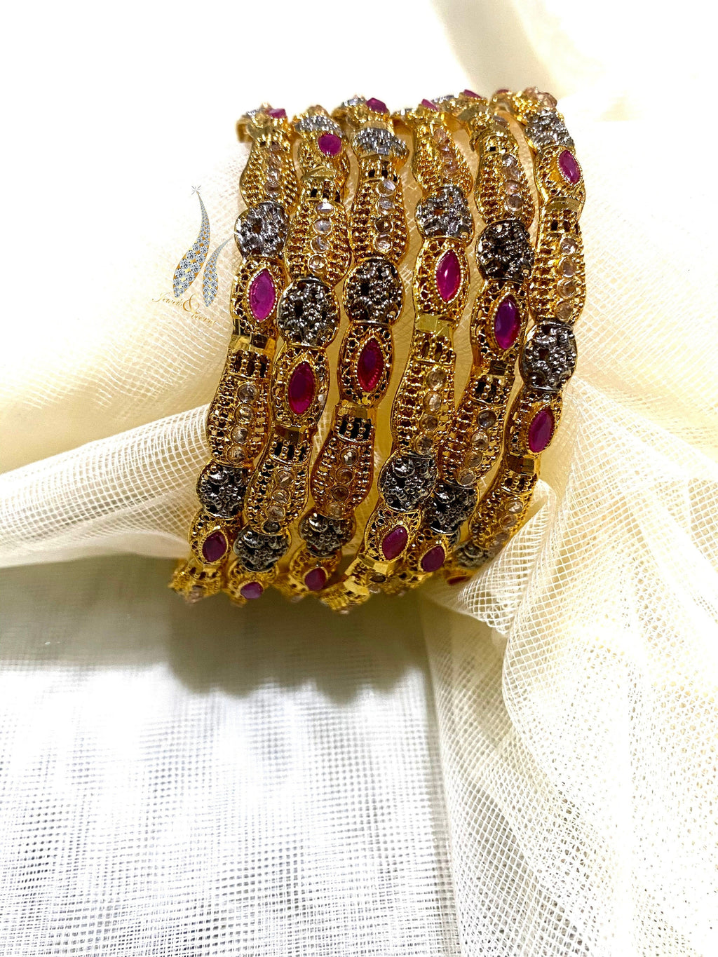 Gold Polish Ruby Bangles: Indian Bridal Jewelry, Set of 6