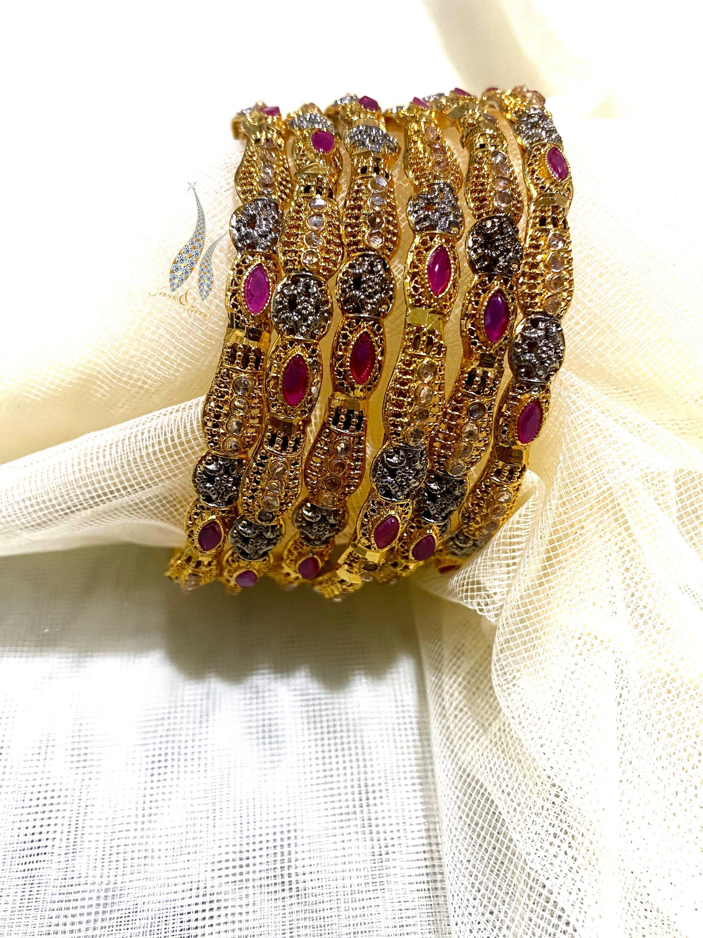 Gold Polish Ruby Bangles: Indian Bridal Jewelry, Set of 6