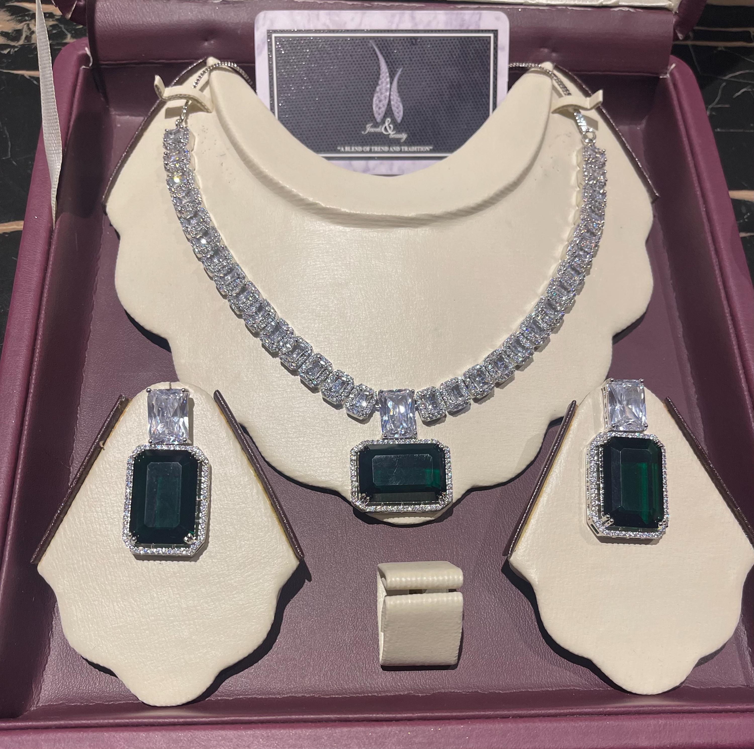 Emerald CZ Diamond Bridal Necklace Earring Set: Silver Wedding Jewelry