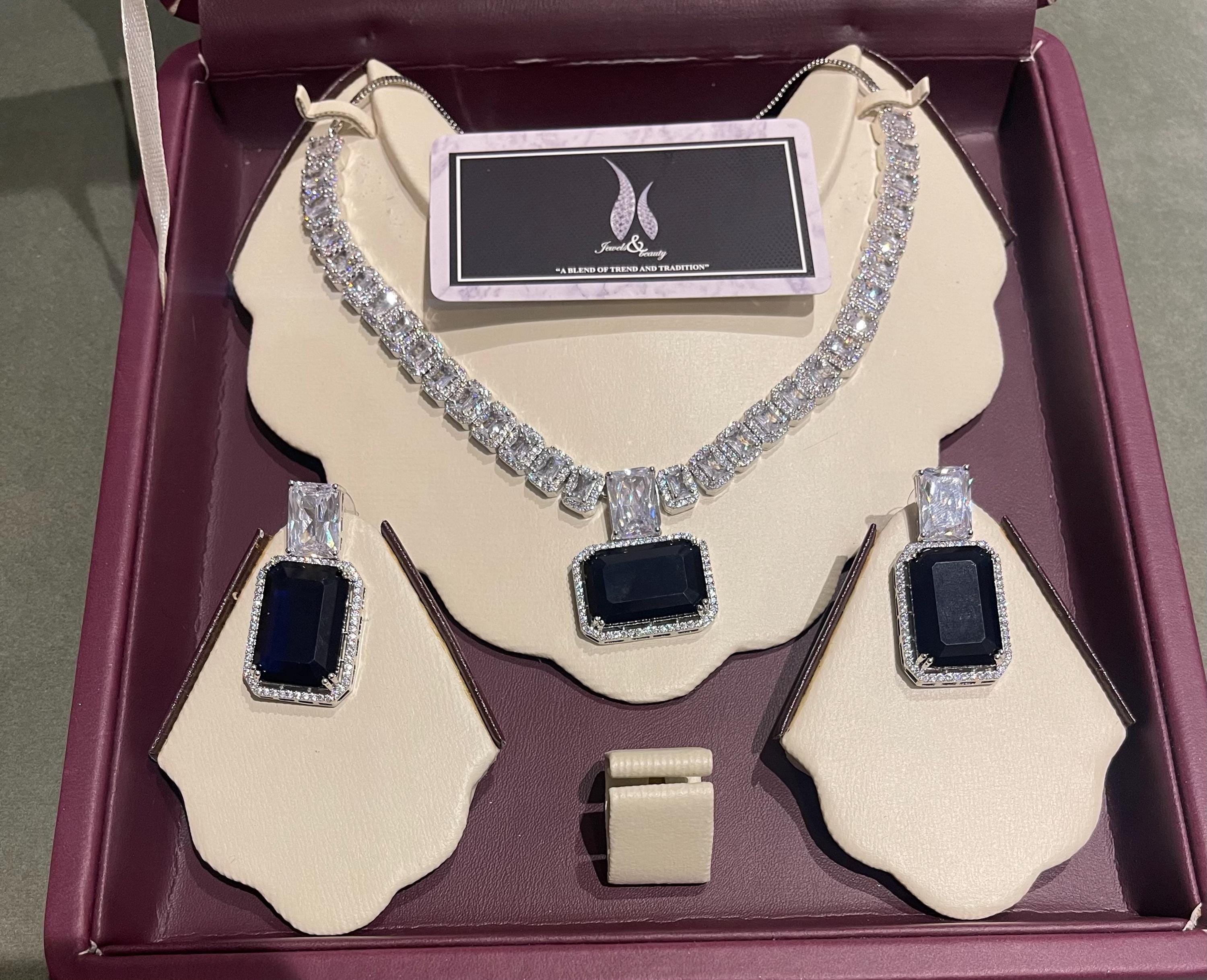 Indian Bridal CZ Diamond Necklace Set: Silver Sapphire Jewelry