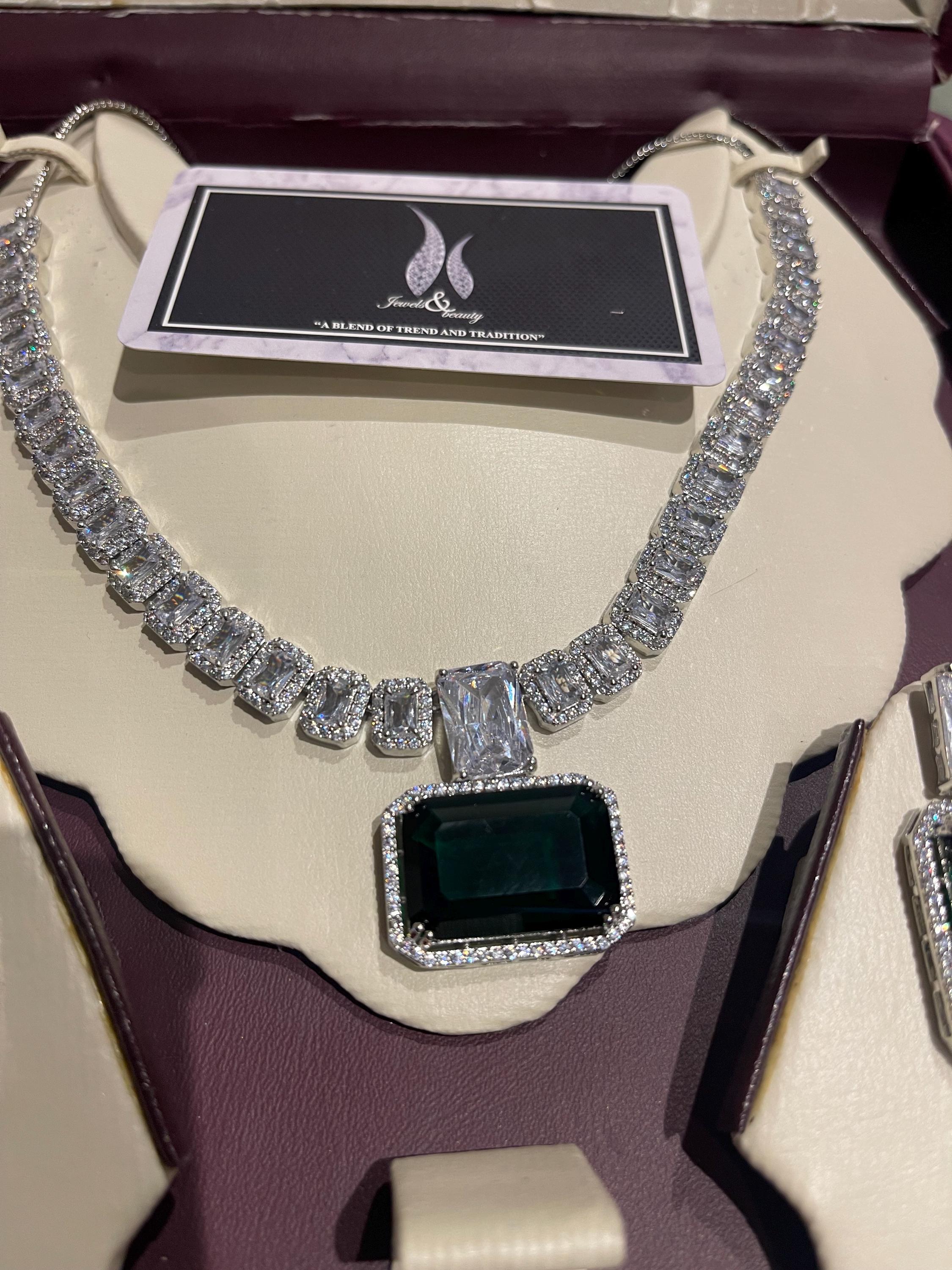 Indian Bridal CZ Diamond Necklace Set: Silver Sapphire Jewelry