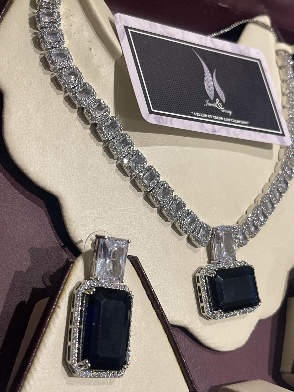 Indian Bridal CZ Diamond Necklace Set: Silver Sapphire Jewelry