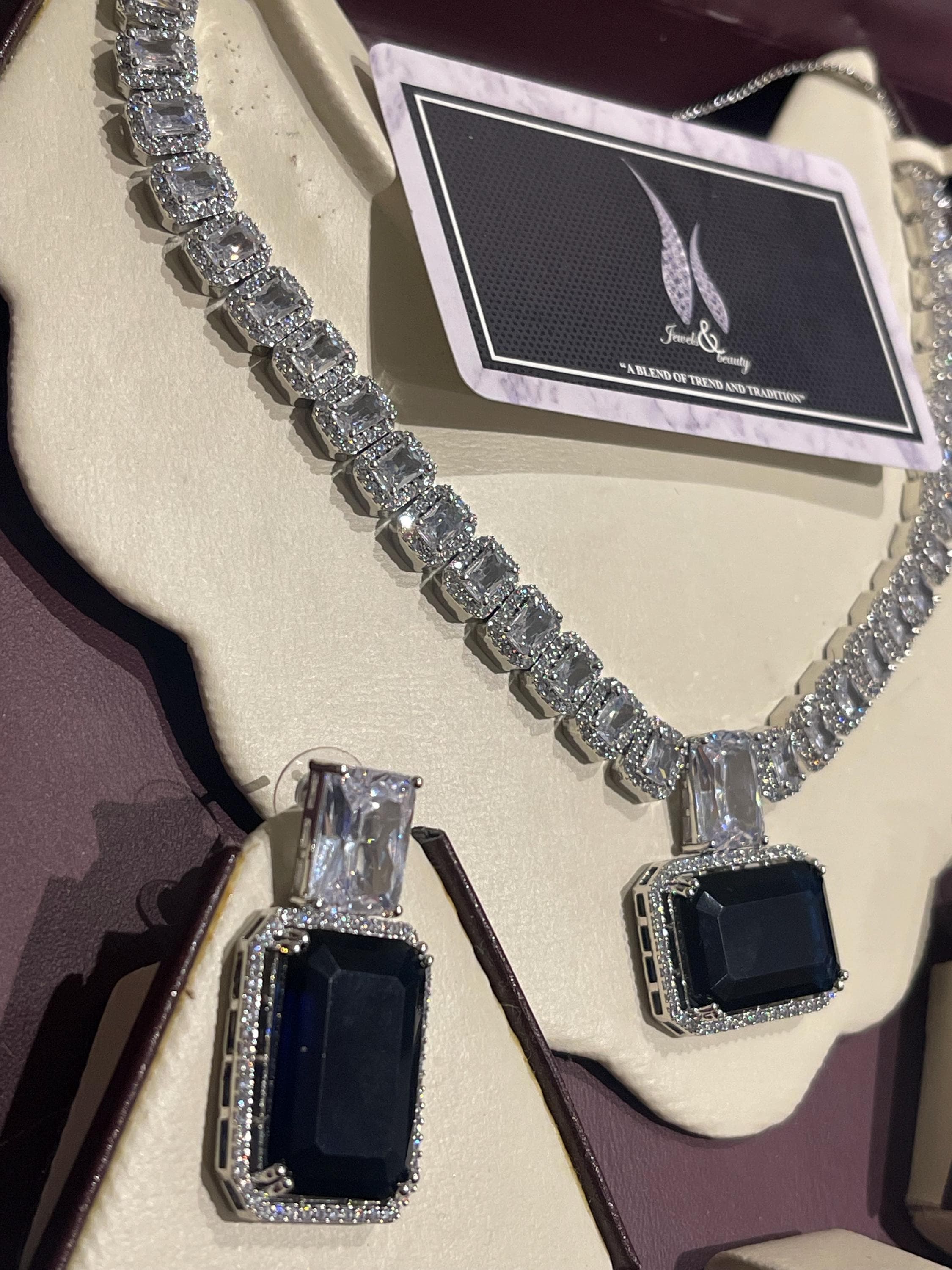 Indian Bridal CZ Diamond Necklace Set: Silver Sapphire Jewelry