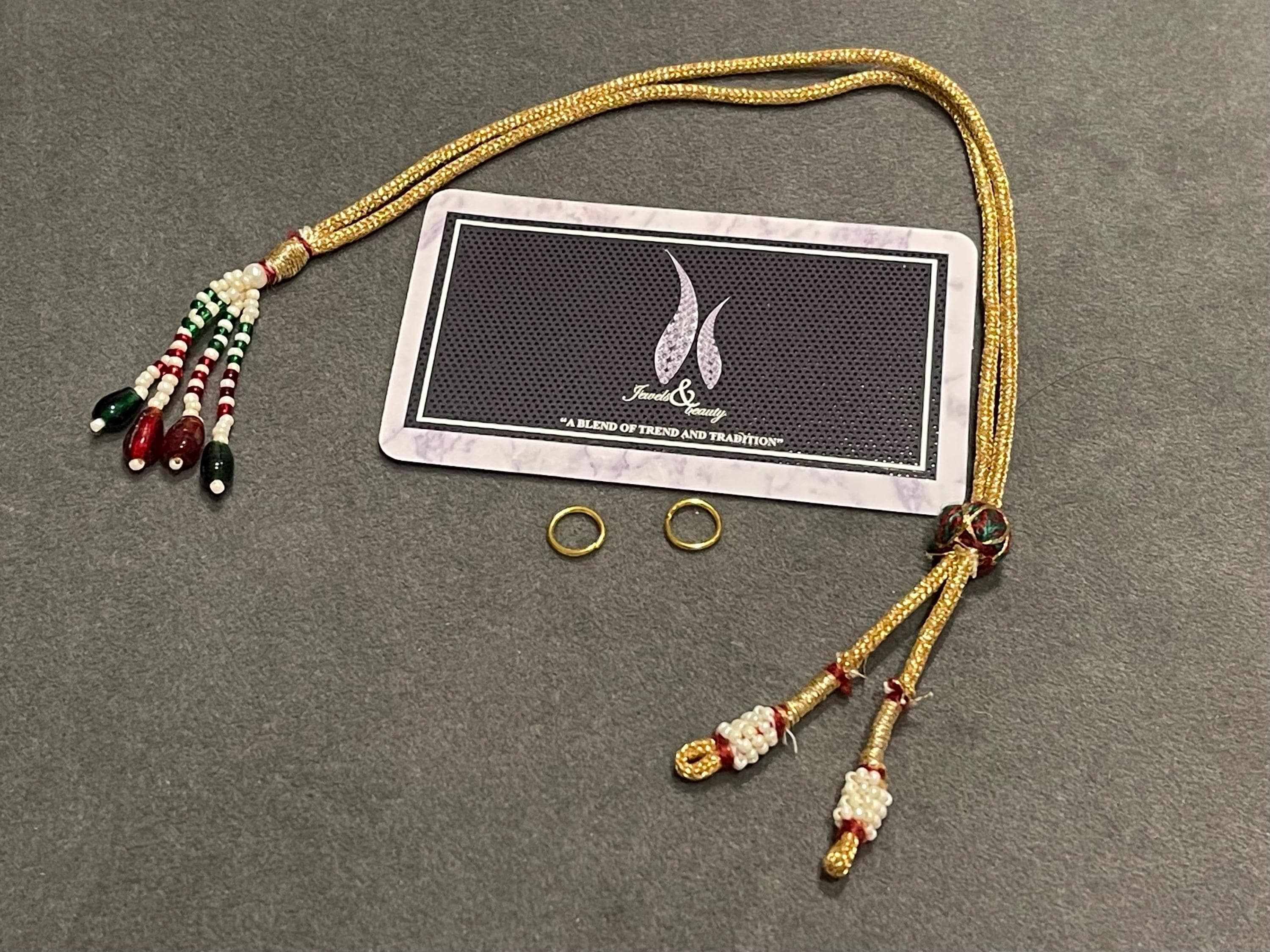 Handmade Golden Zari Dori: Adjustable Necklace Cord with Metal Rings
