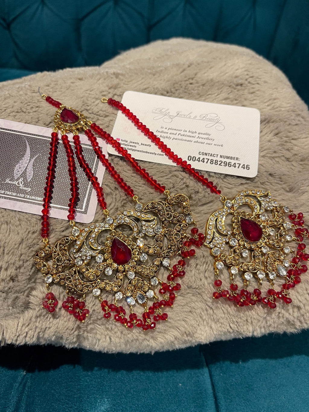 Red Crystal Tikka and Jhummar Set: Pakistani Bridal Jewelry