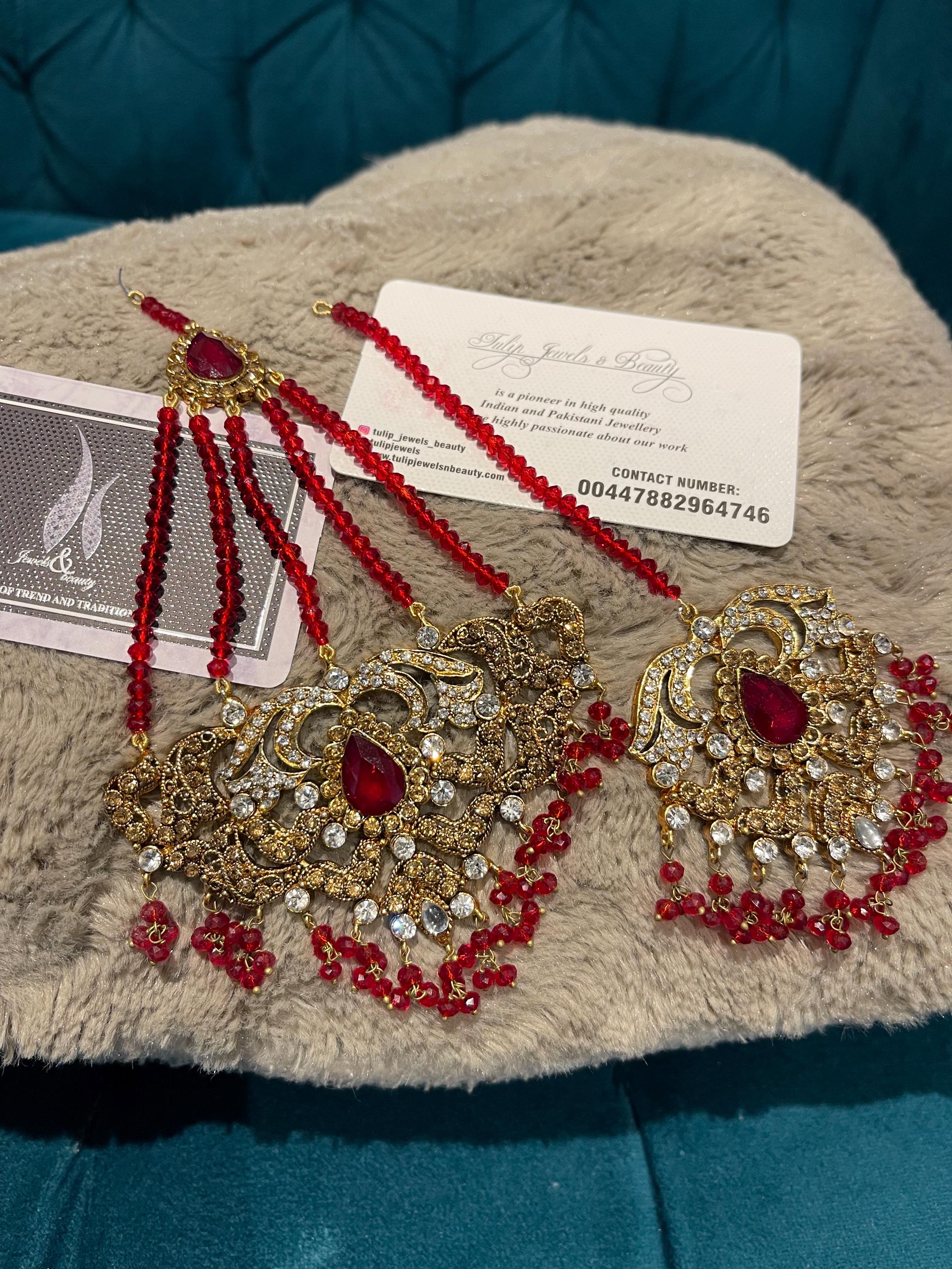 Red Crystal Tikka and Jhummar Set: Pakistani Bridal Jewelry