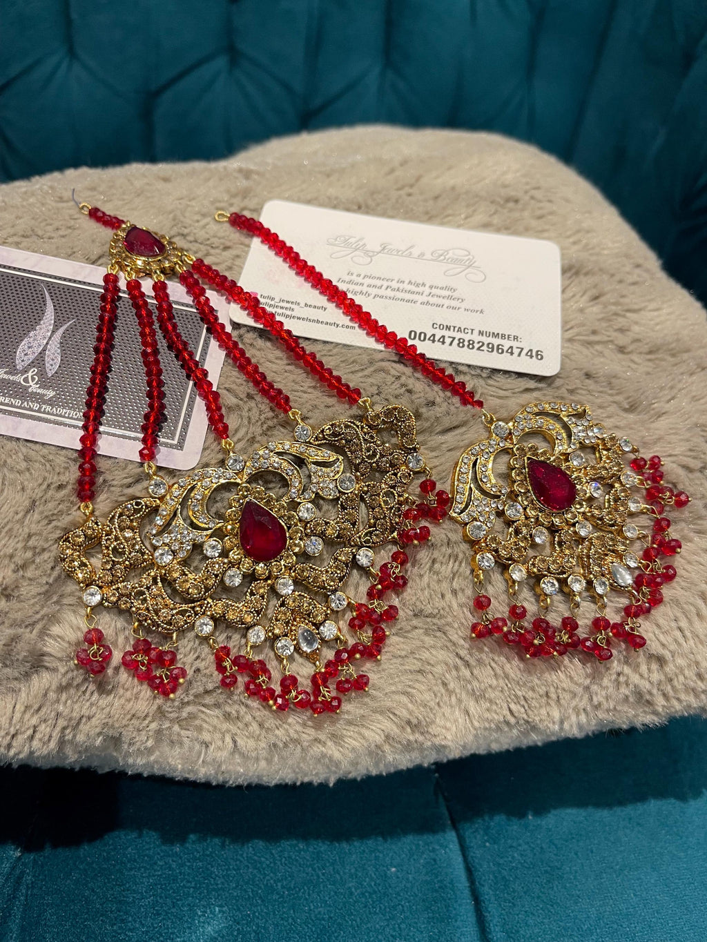 Red Crystal Tikka and Jhummar Set: Pakistani Bridal Jewelry