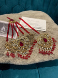 Red Crystal Tikka and Jhummar Set: Pakistani Bridal Jewelry