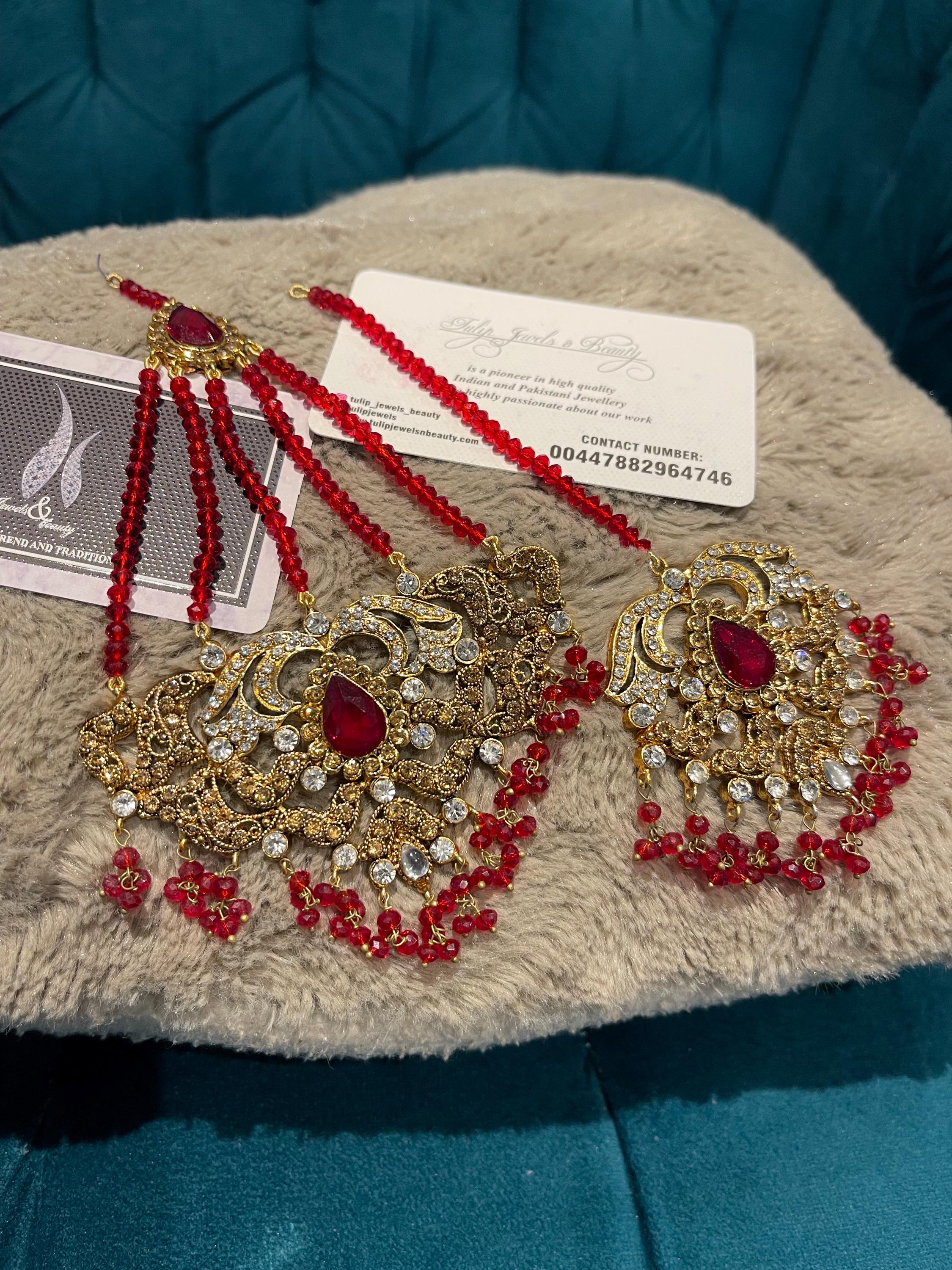 Red Crystal Tikka and Jhummar Set: Pakistani Bridal Jewelry