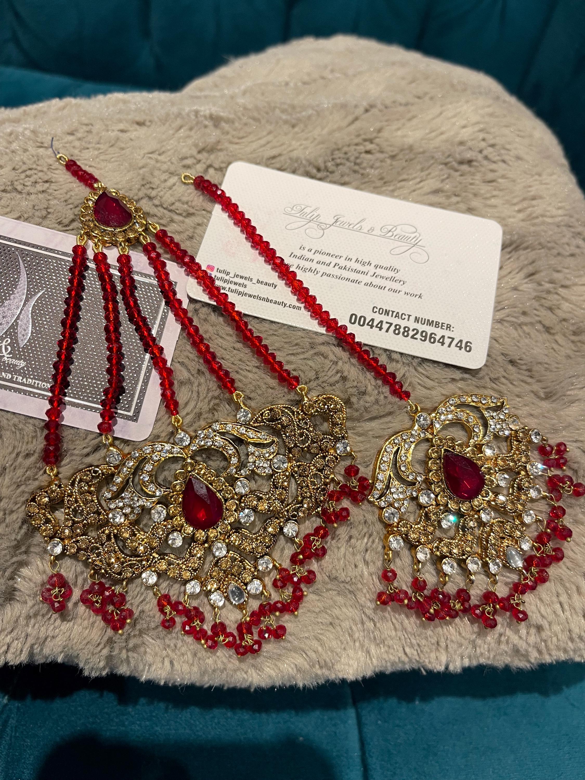 Red Crystal Tikka and Jhummar Set: Pakistani Bridal Jewelry