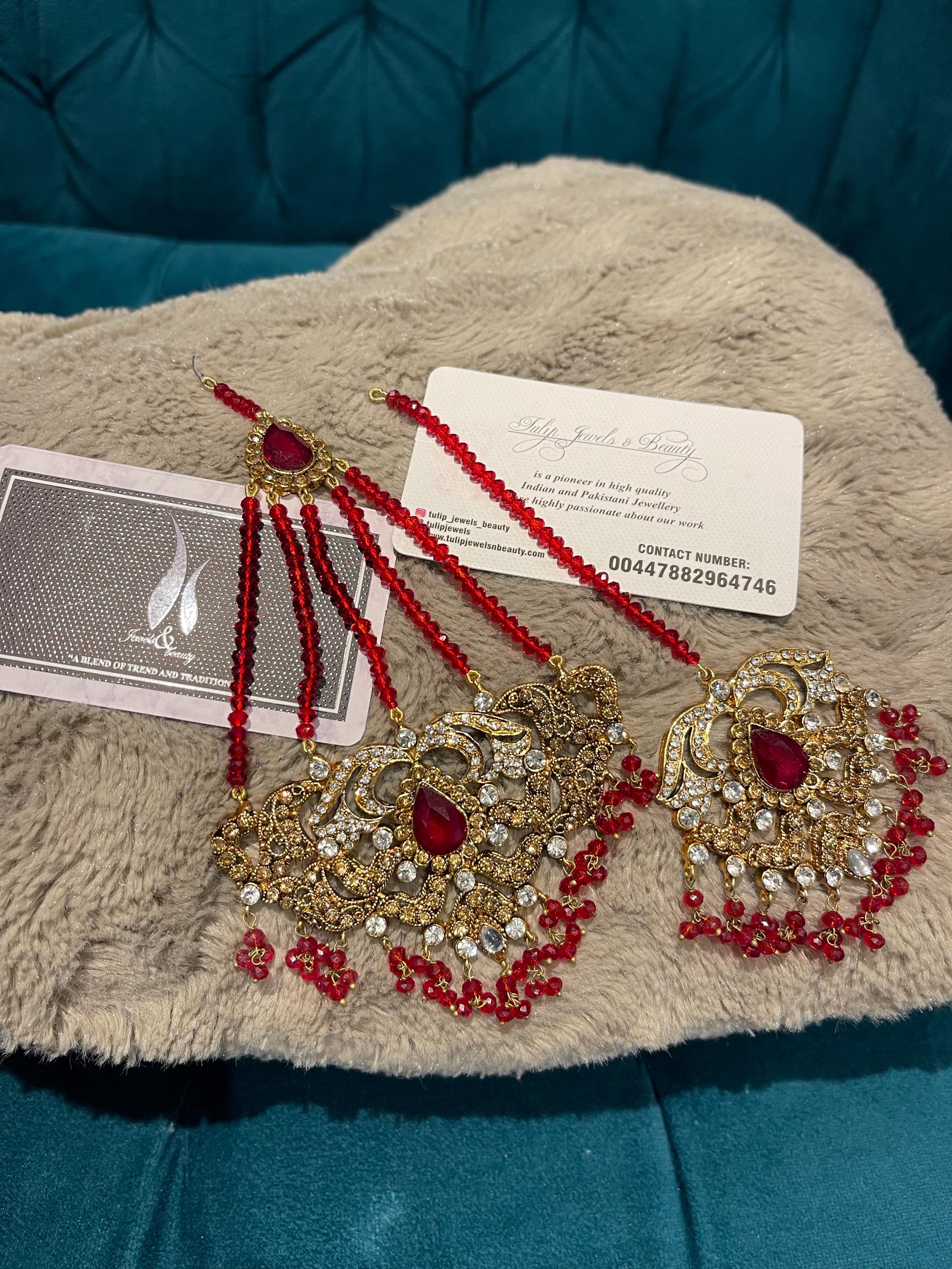 Red Crystal Tikka and Jhummar Set: Pakistani Bridal Jewelry