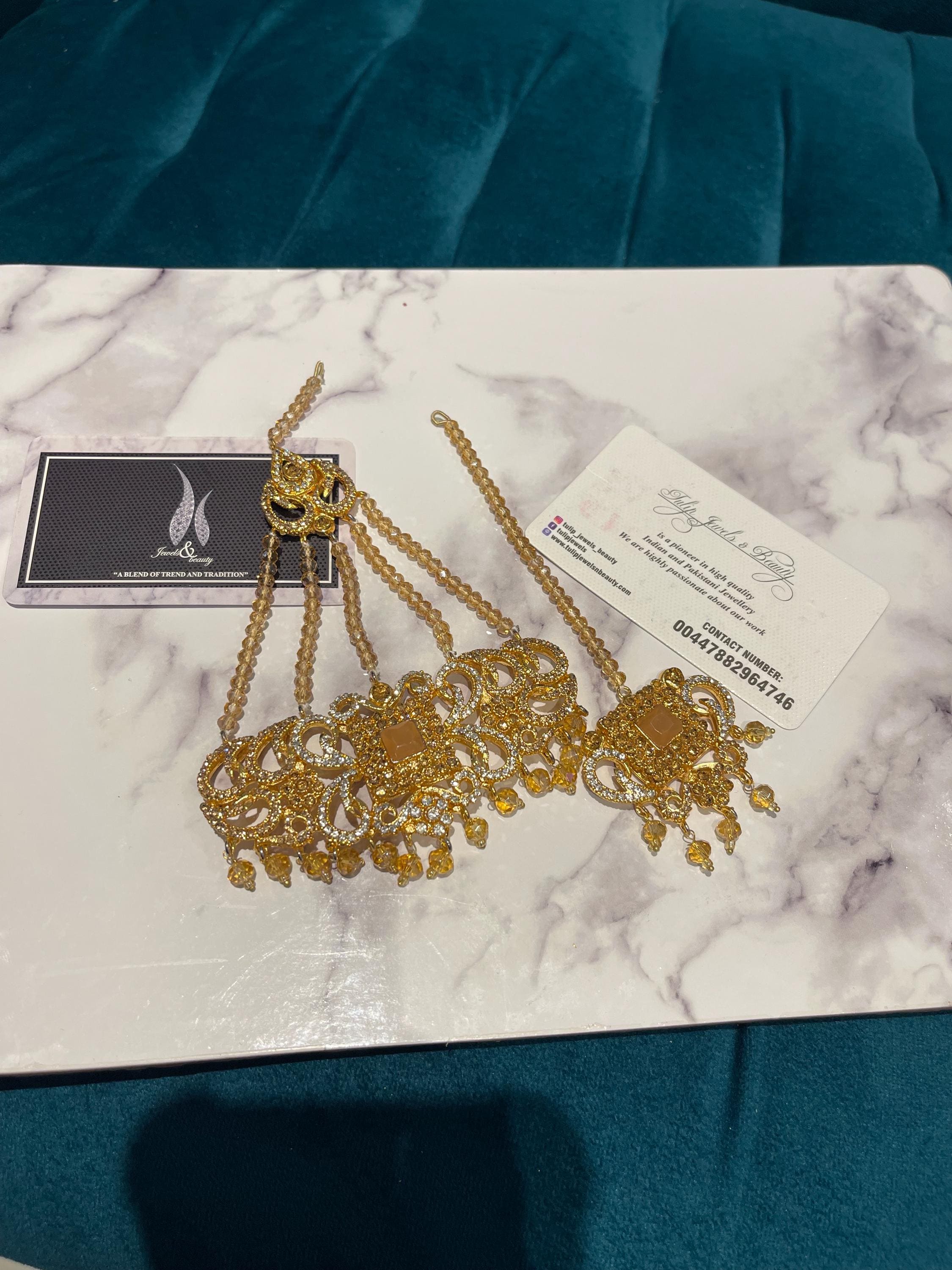 Gold-Plated Jhummar Tikka Set: Pakistani Bridal Jewelry
