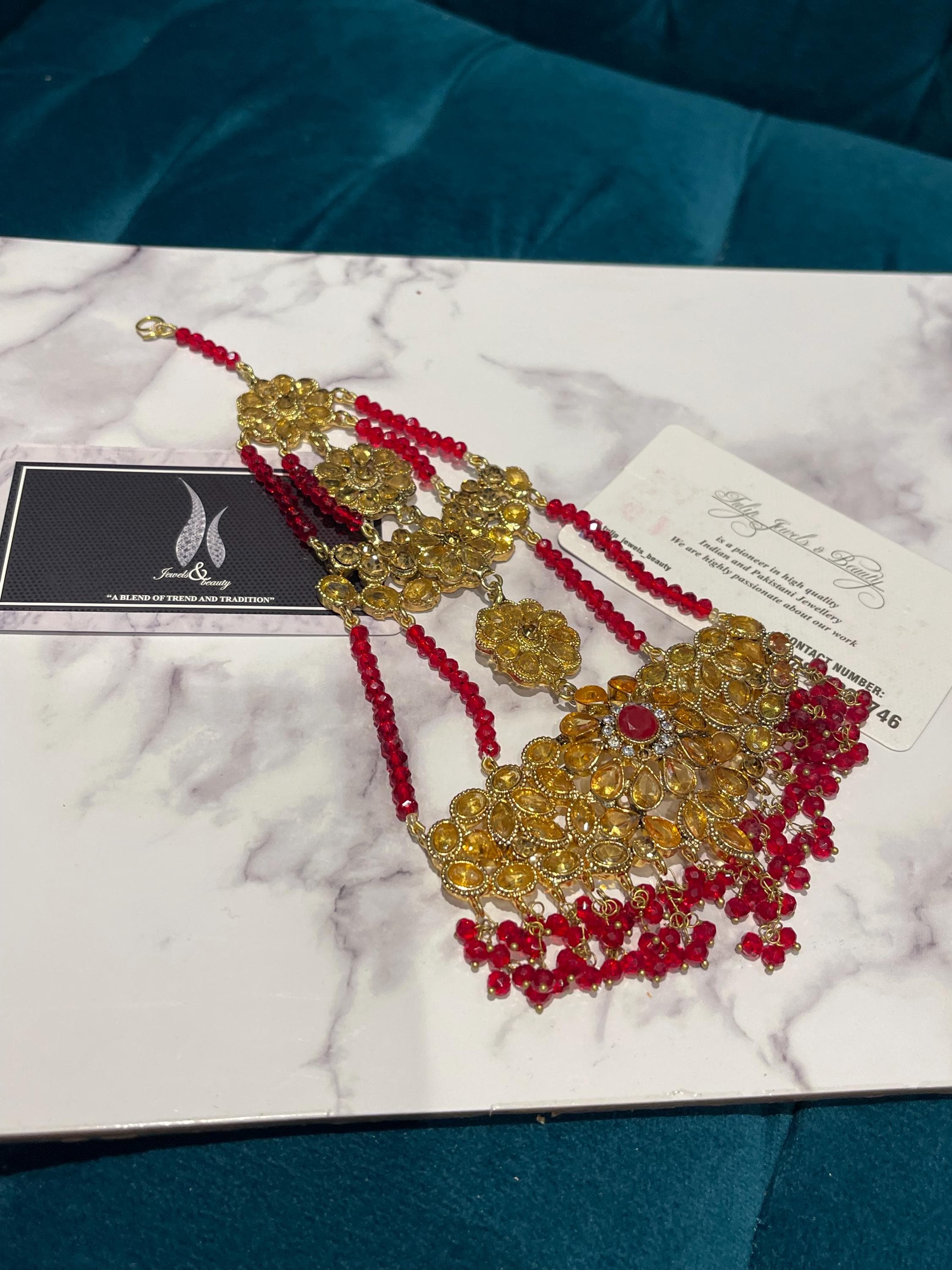 Red Crystal Jhummar: Gold-Plated Pakistani Bridal Passa Jewellery