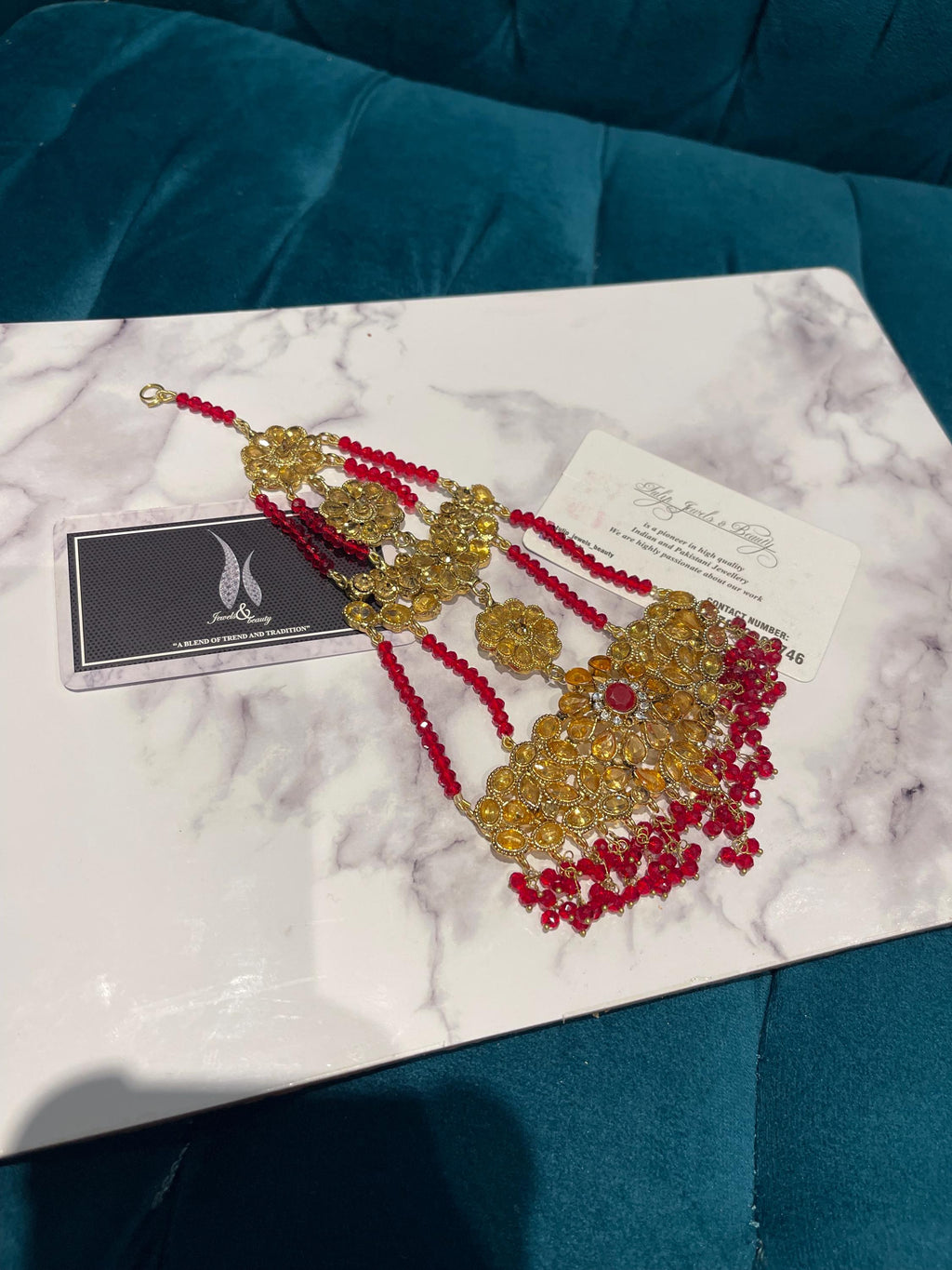 Red Crystal Jhummar: Gold-Plated Pakistani Bridal Passa Jewellery