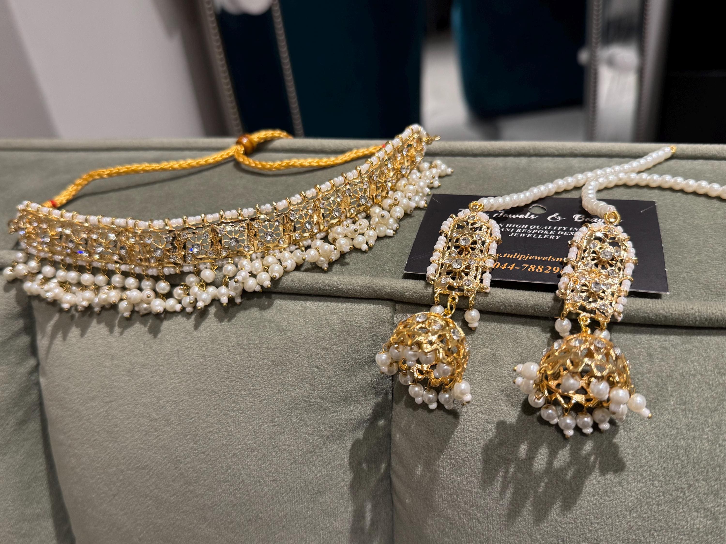Gold Plated Hyderabadi Choker Set: Jhumki Earrings, Zico Pearls