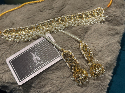 Gold Plated Hyderabadi Choker Set: Jhumki Earrings, Zico Pearls