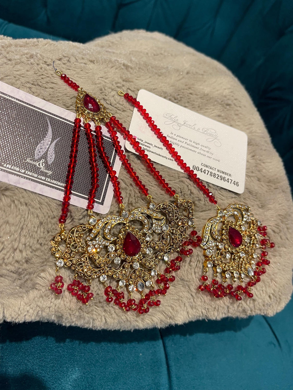 Red Crystal Tikka and Jhummar Set: Pakistani Bridal Jewelry