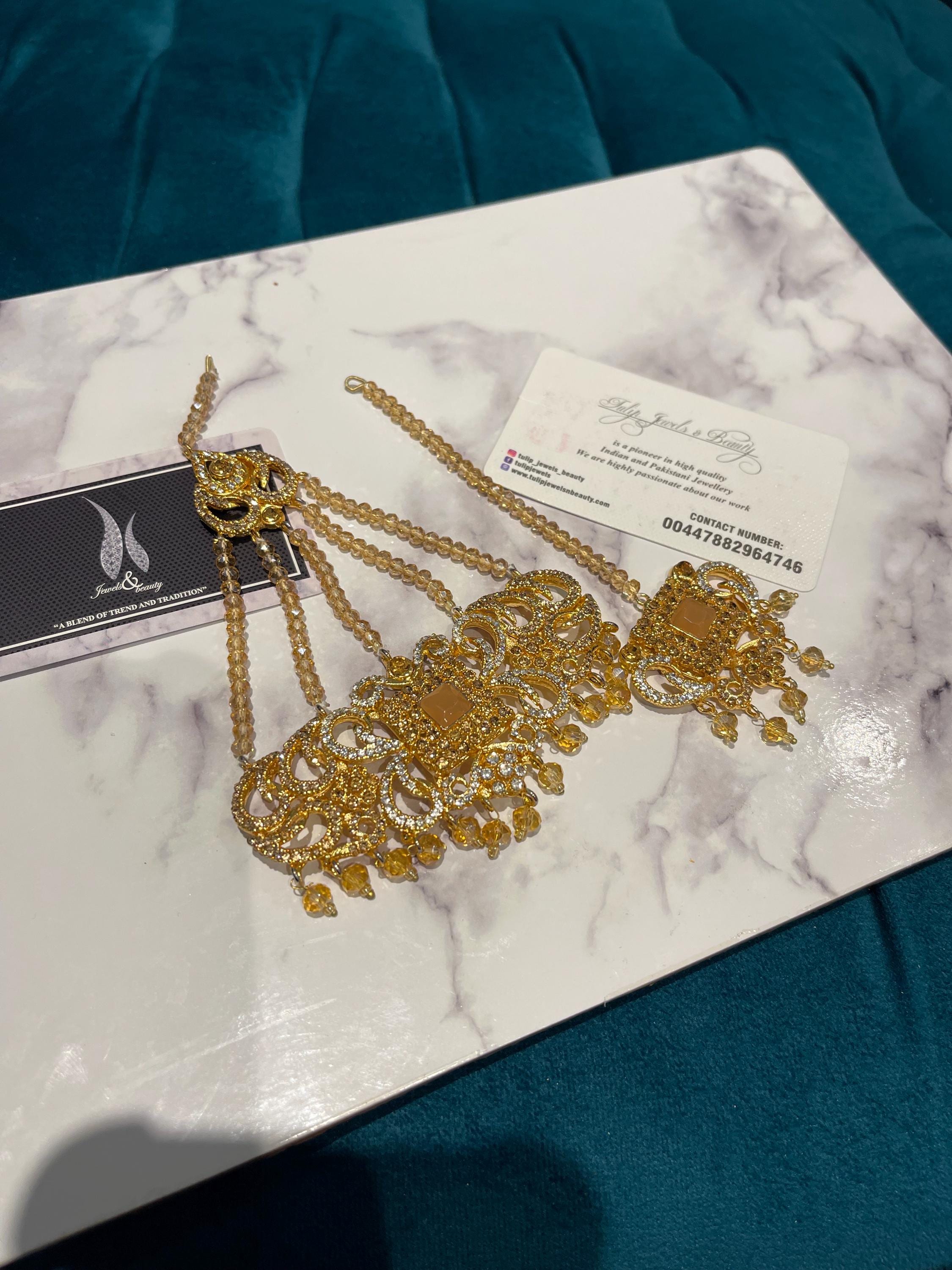 Gold-Plated Jhummar Tikka Set: Pakistani Bridal Jewelry