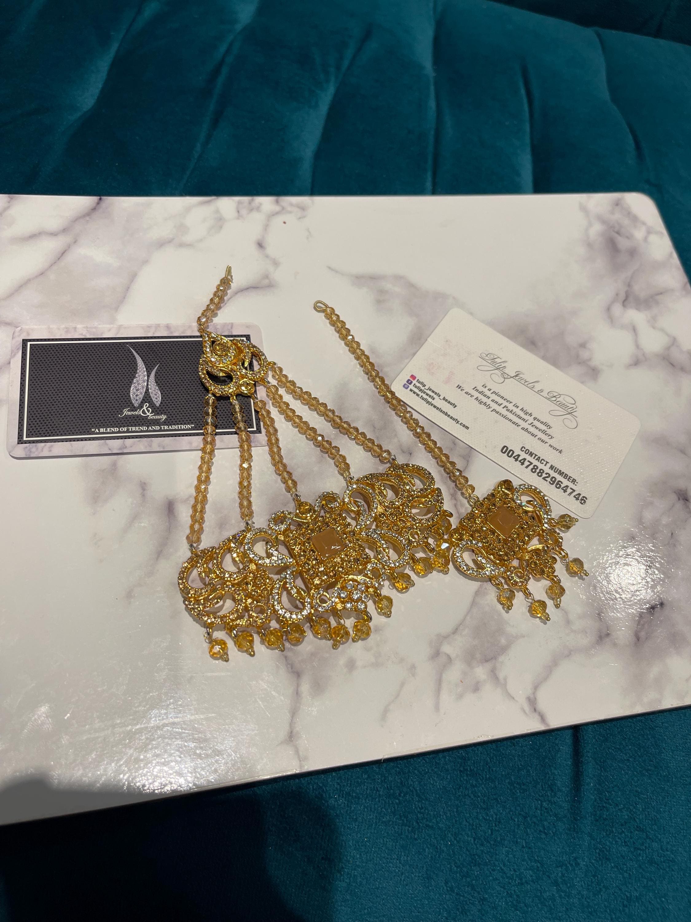 Gold-Plated Jhummar Tikka Set: Pakistani Bridal Jewelry