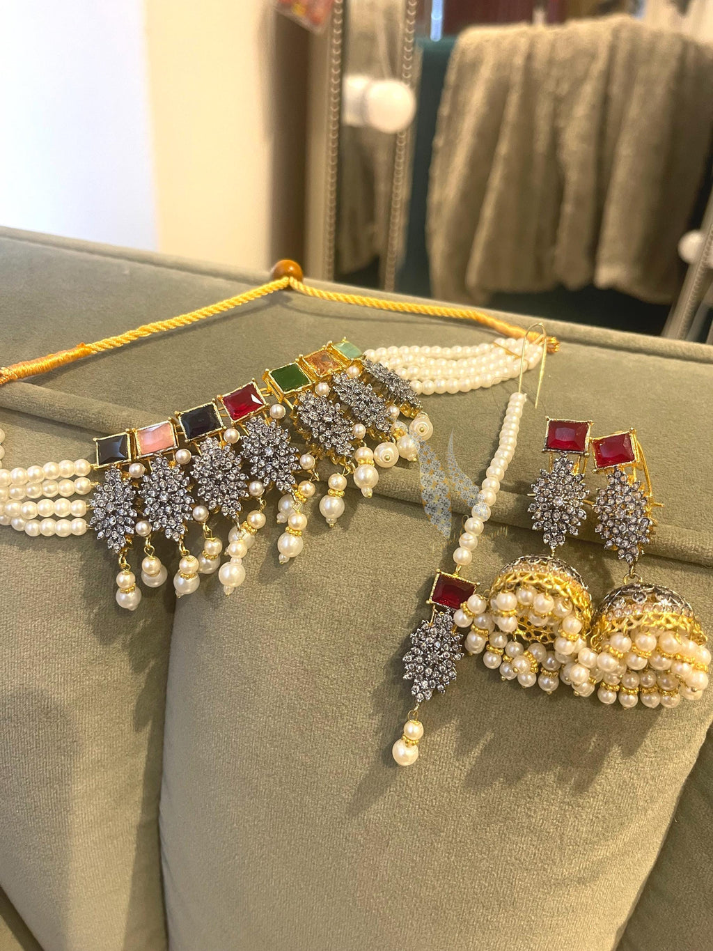 Pakistani Choker Set: Jhumka Earrings & Tikka, Multi-Stone Pearl Jewelry