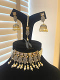 Indian Jewelry Necklace Set: Jhumki Earrings & Tikka, Pearls