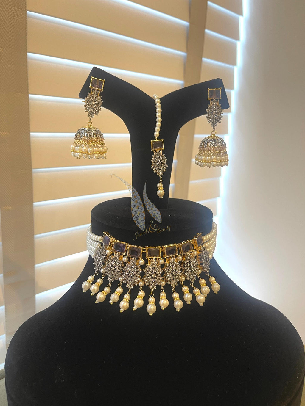 Purple Stone Indian Choker Necklace with Jhumki and Tikka Set