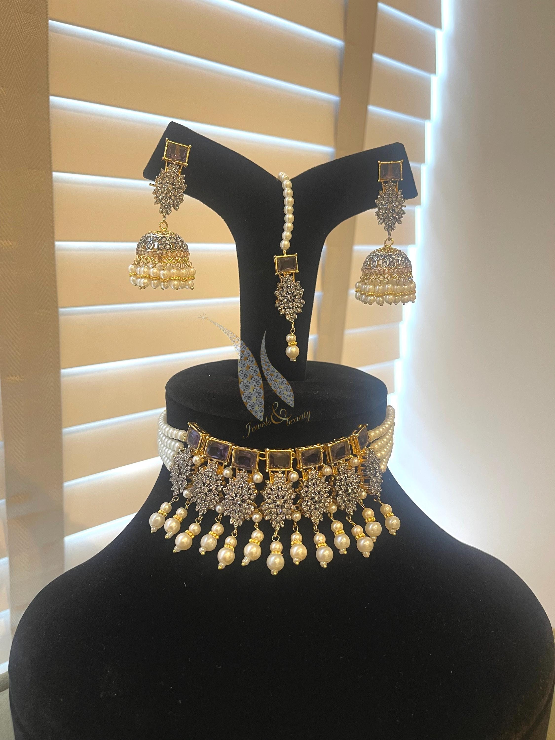 Purple Stone Indian Choker Necklace with Jhumki and Tikka Set