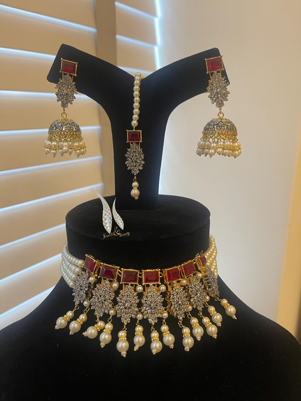 Ruby Choker Necklace Set: Indian Jhumki Earrings and Tika