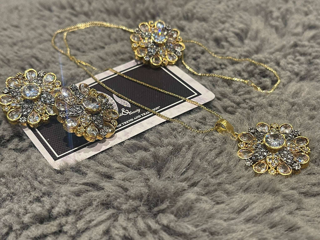 Diamante Gold Plated Jewelry Set: Pendant, Ring & Studs