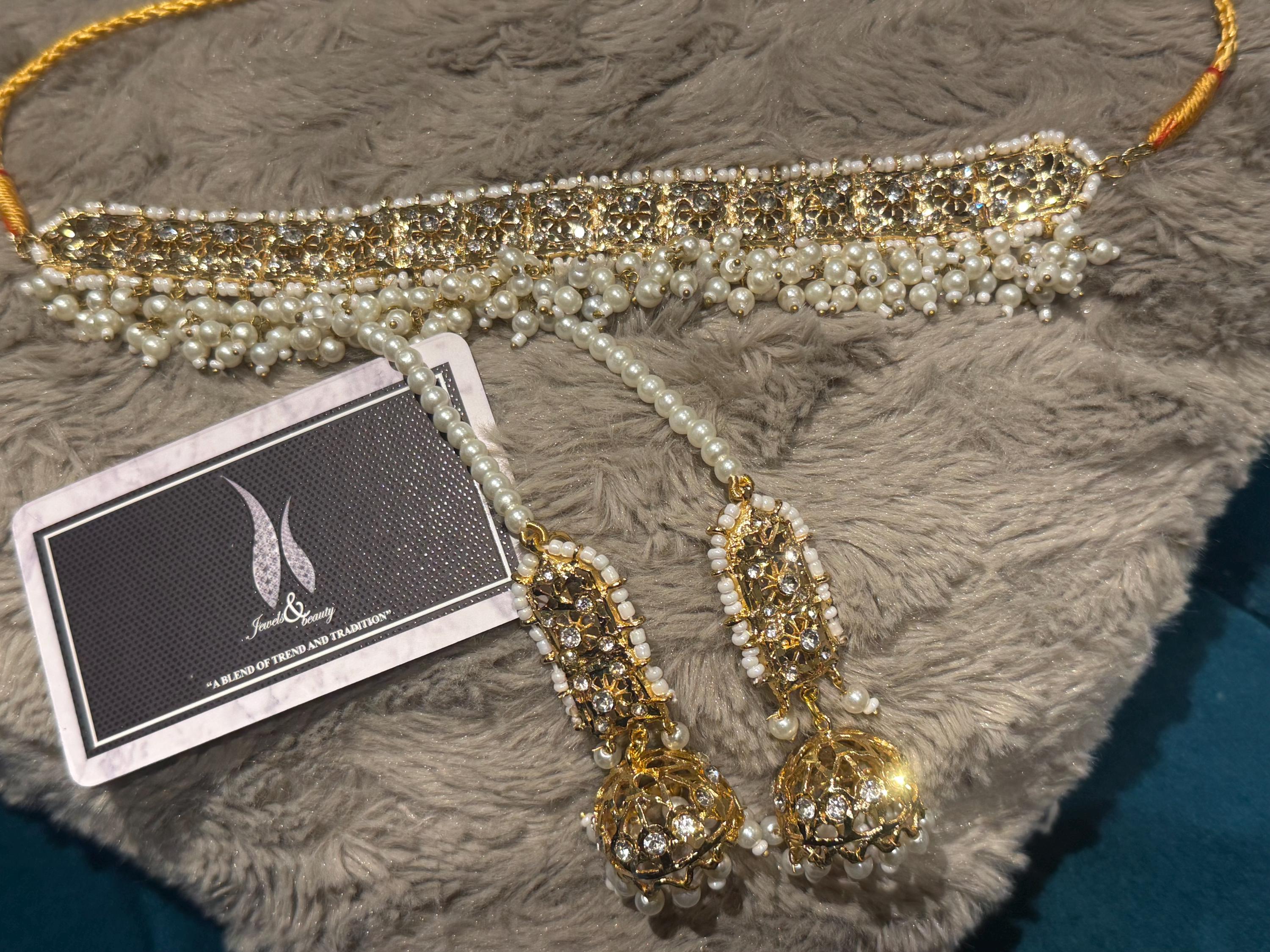 Gold Plated Hyderabadi Choker Set: Jhumki Earrings, Zico Pearls