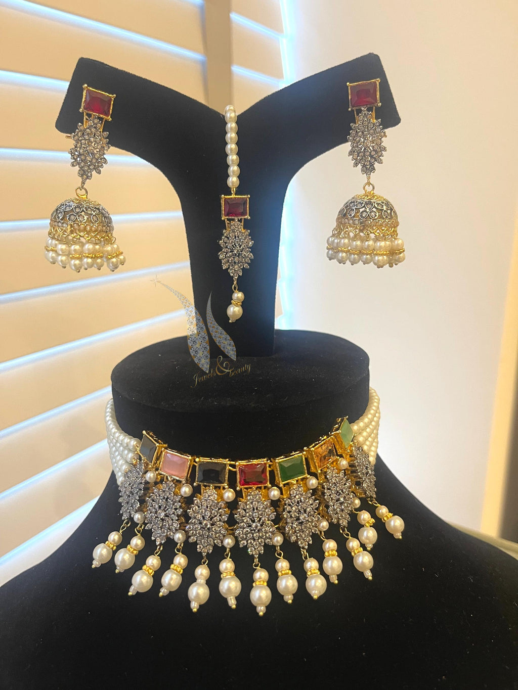 Pakistani Choker Set: Jhumka Earrings & Tikka, Multi-Stone Pearl Jewelry