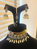 Pakistani Choker Set: Jhumka Earrings & Tikka, Multi-Stone Pearl Jewelry