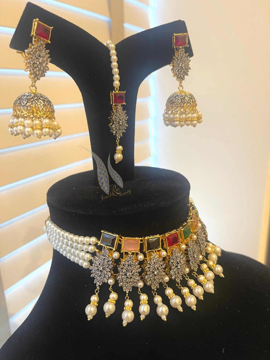 Pakistani Choker Set: Jhumka Earrings & Tikka, Multi-Stone Pearl Jewelry