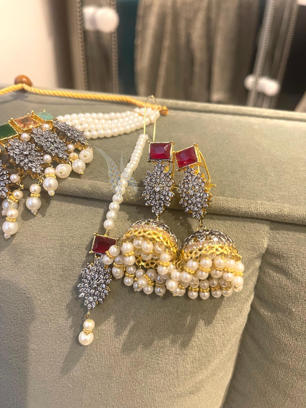 Pakistani Choker Set: Jhumka Earrings & Tikka, Multi-Stone Pearl Jewelry