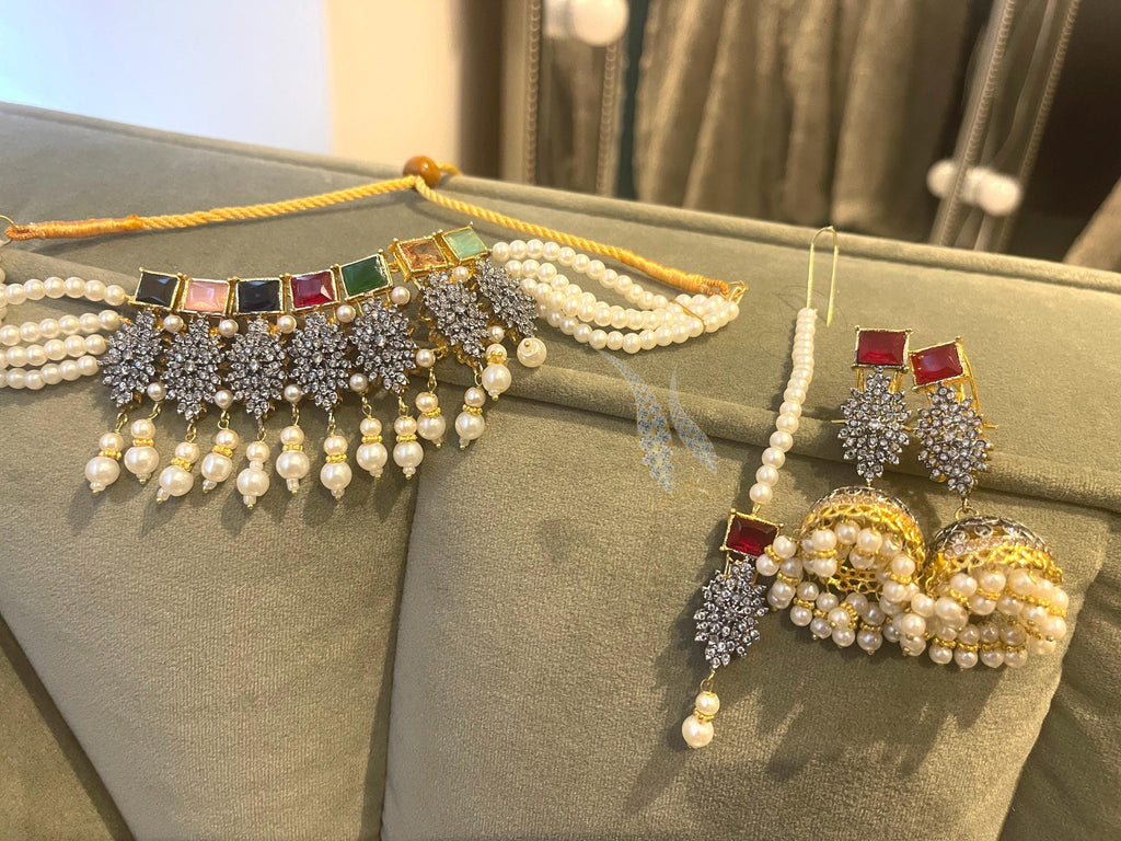 Pakistani Choker Set: Jhumka Earrings & Tikka, Multi-Stone Pearl Jewelry