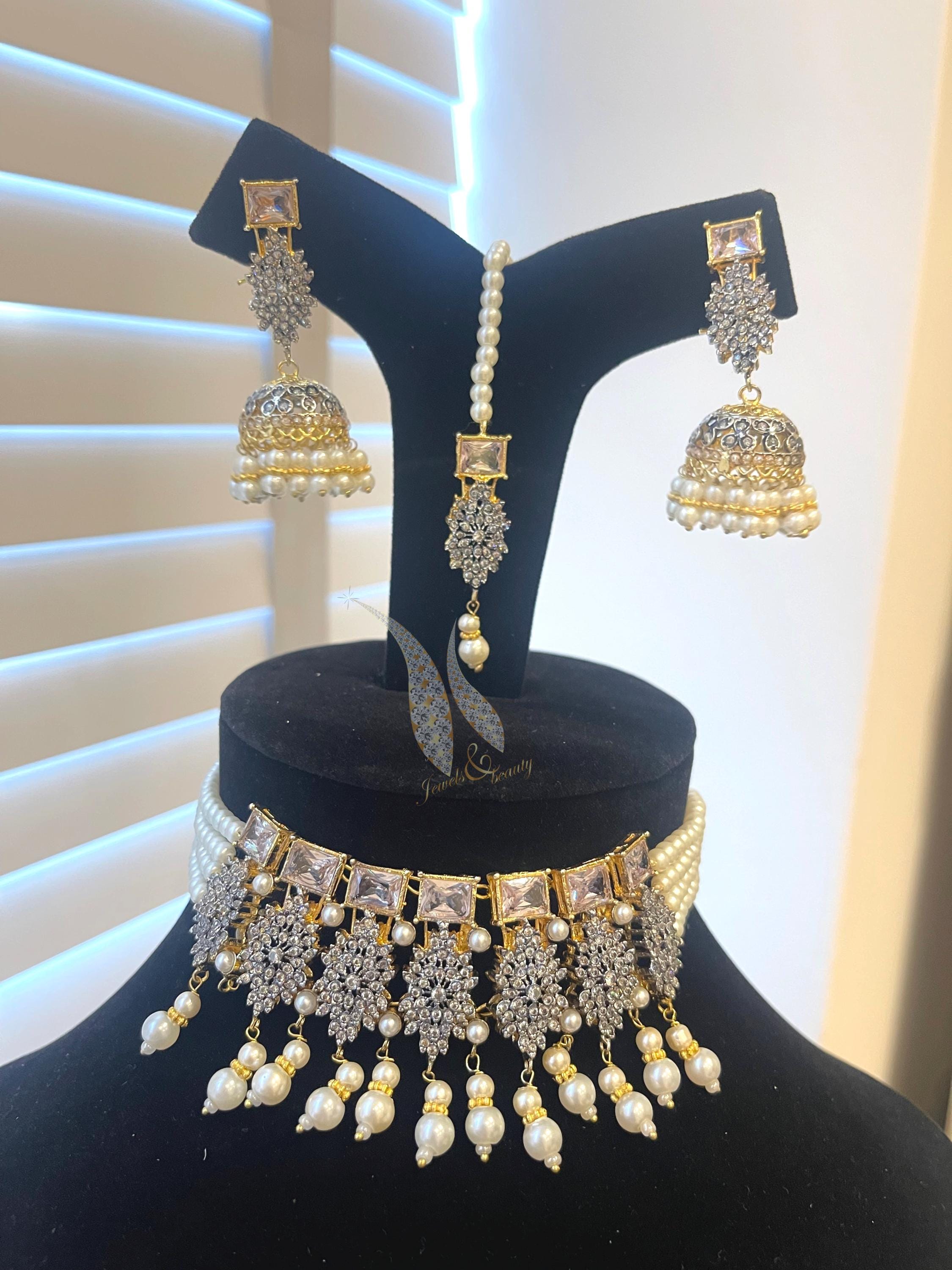 Indian Jewelry Necklace Set: Jhumki Earrings & Tikka, Pearls