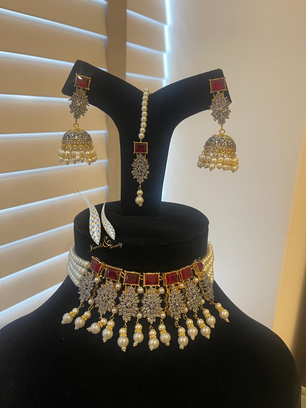 Ruby Choker Necklace Set: Indian Jhumki Earrings and Tika