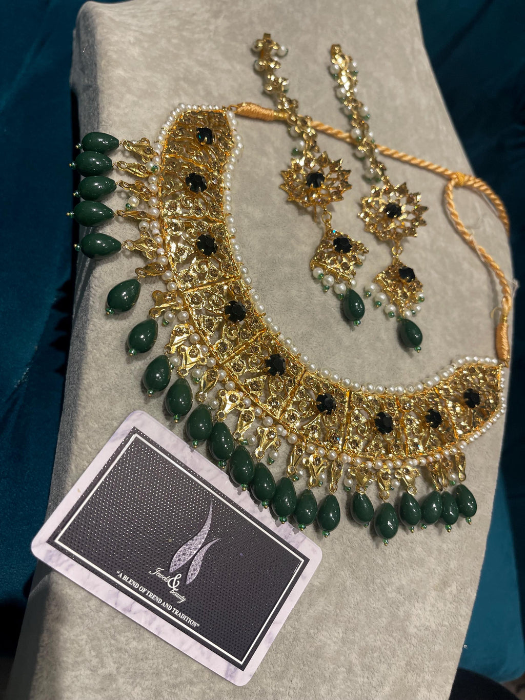 Hyderabadi Dark Green Necklace and Earrings Set: Indian Jewelry