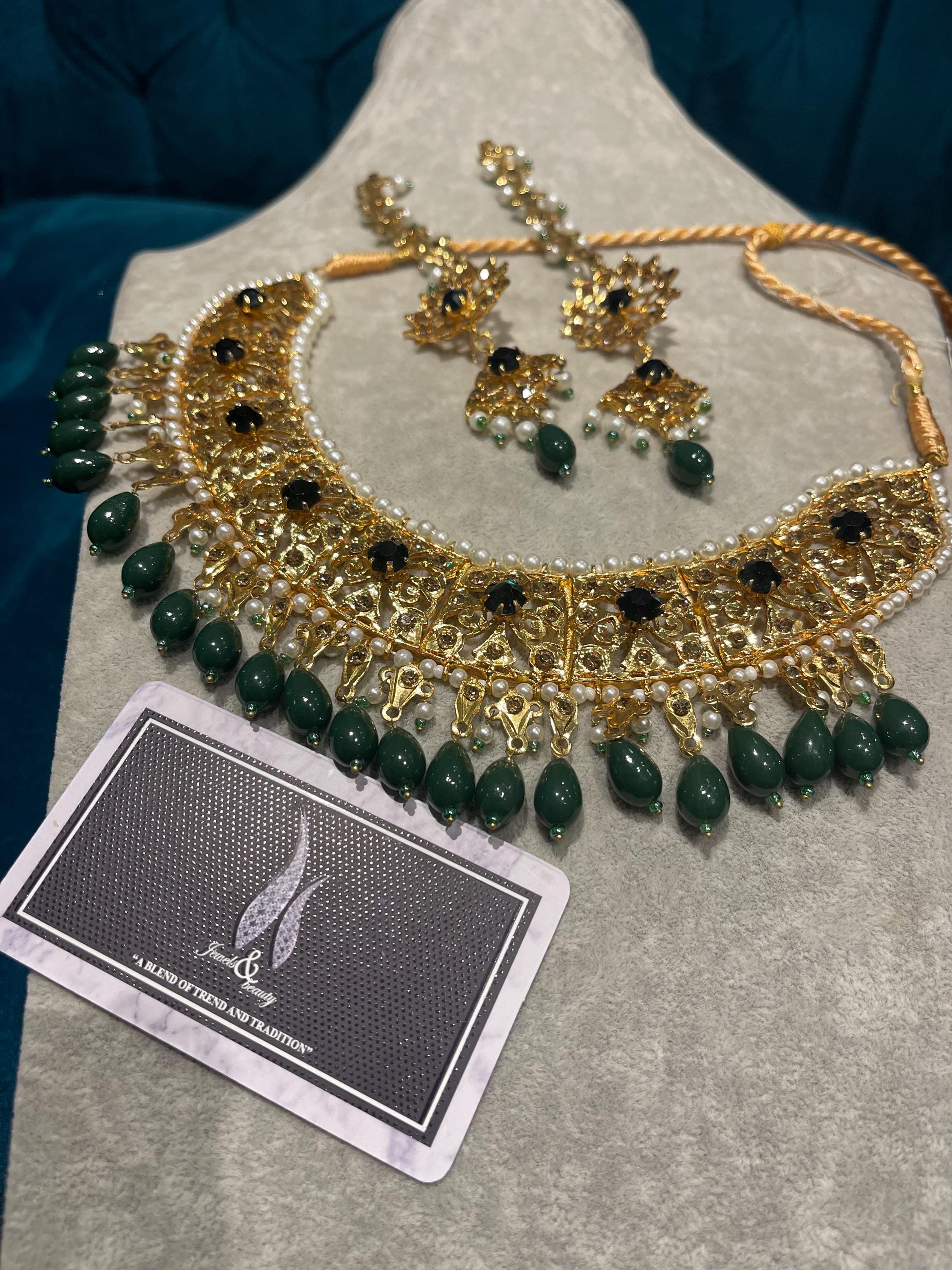 Hyderabadi Dark Green Necklace and Earrings Set: Indian Jewelry
