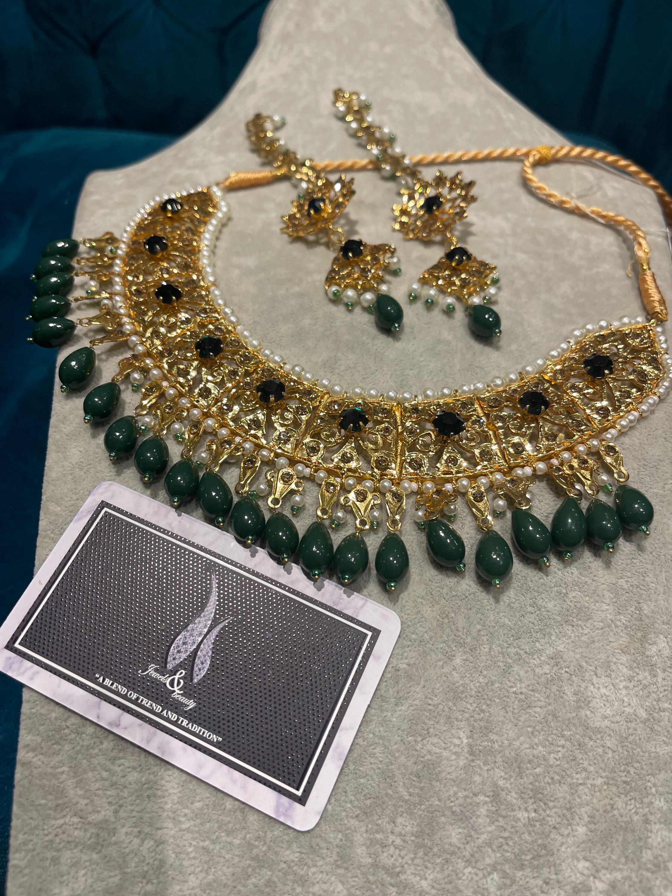 Hyderabadi Dark Green Necklace and Earrings Set: Indian Jewelry