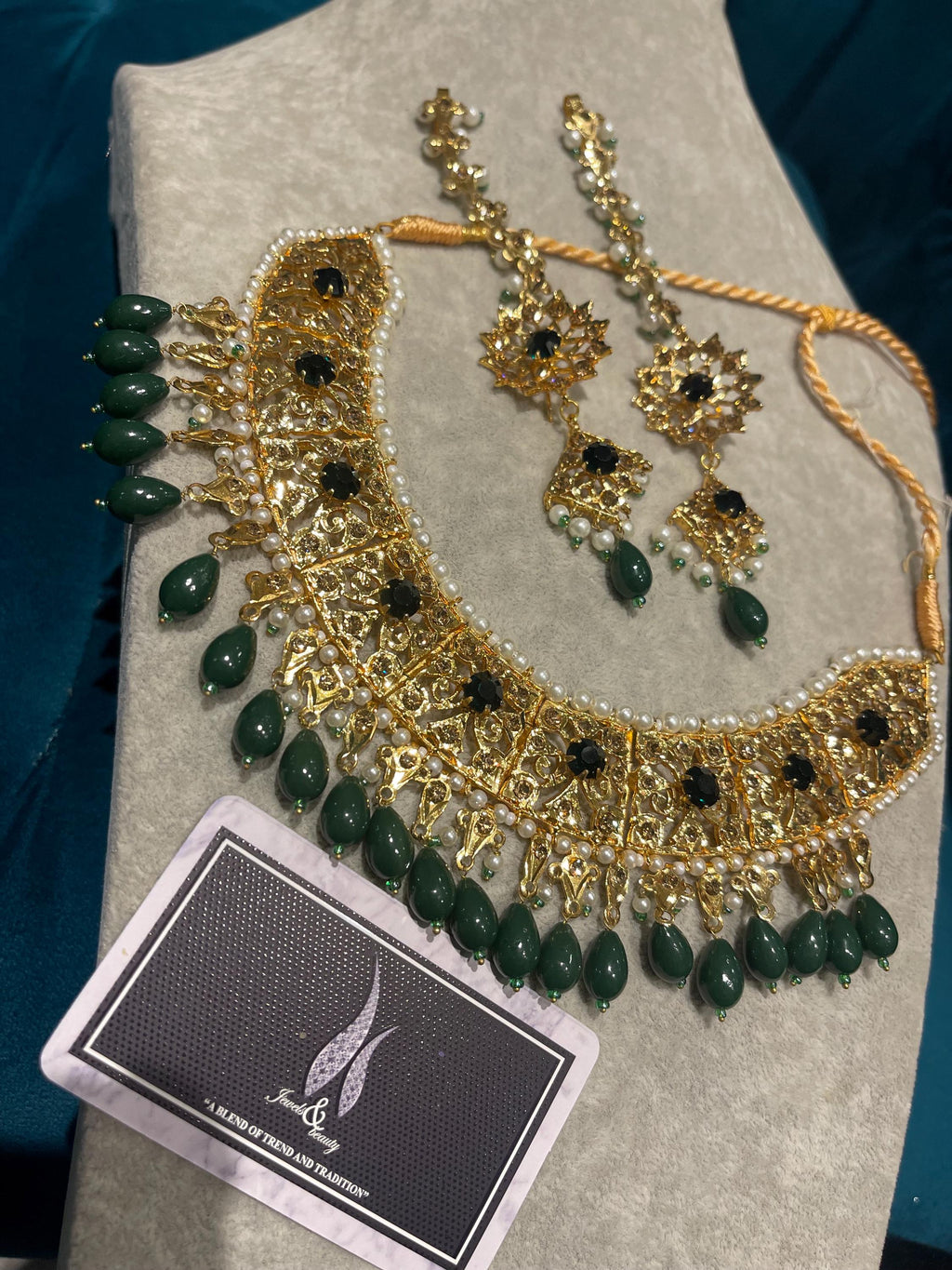 Hyderabadi Dark Green Necklace and Earrings Set: Indian Jewelry