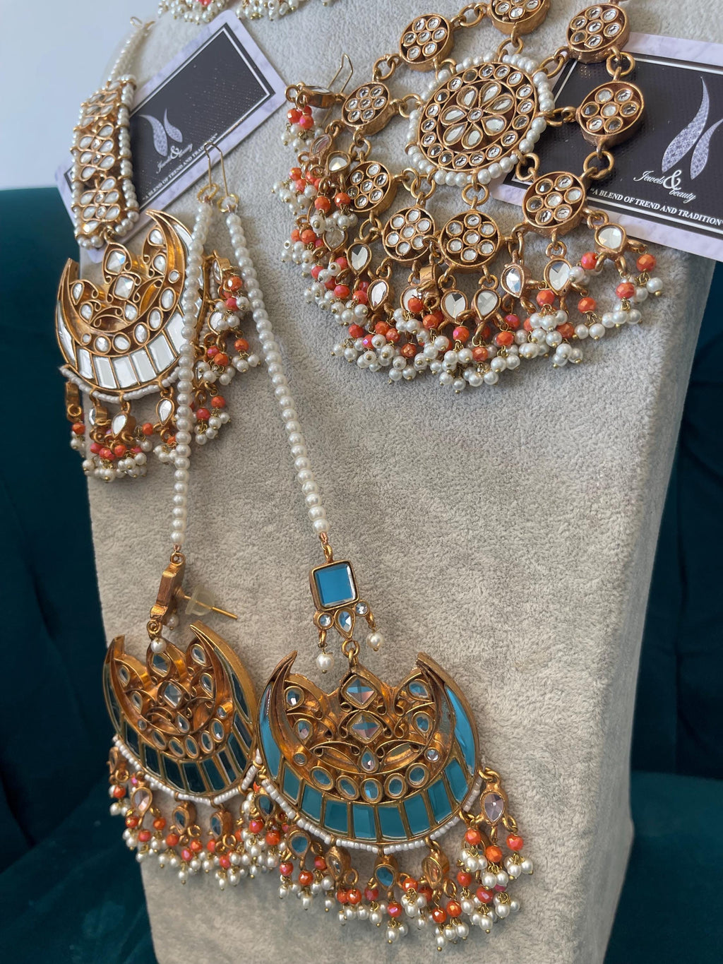 Gold Plated Kundan Bridal Jewelry Set: Peach & White Pearl Necklace Earrings Tikka Jhummar
