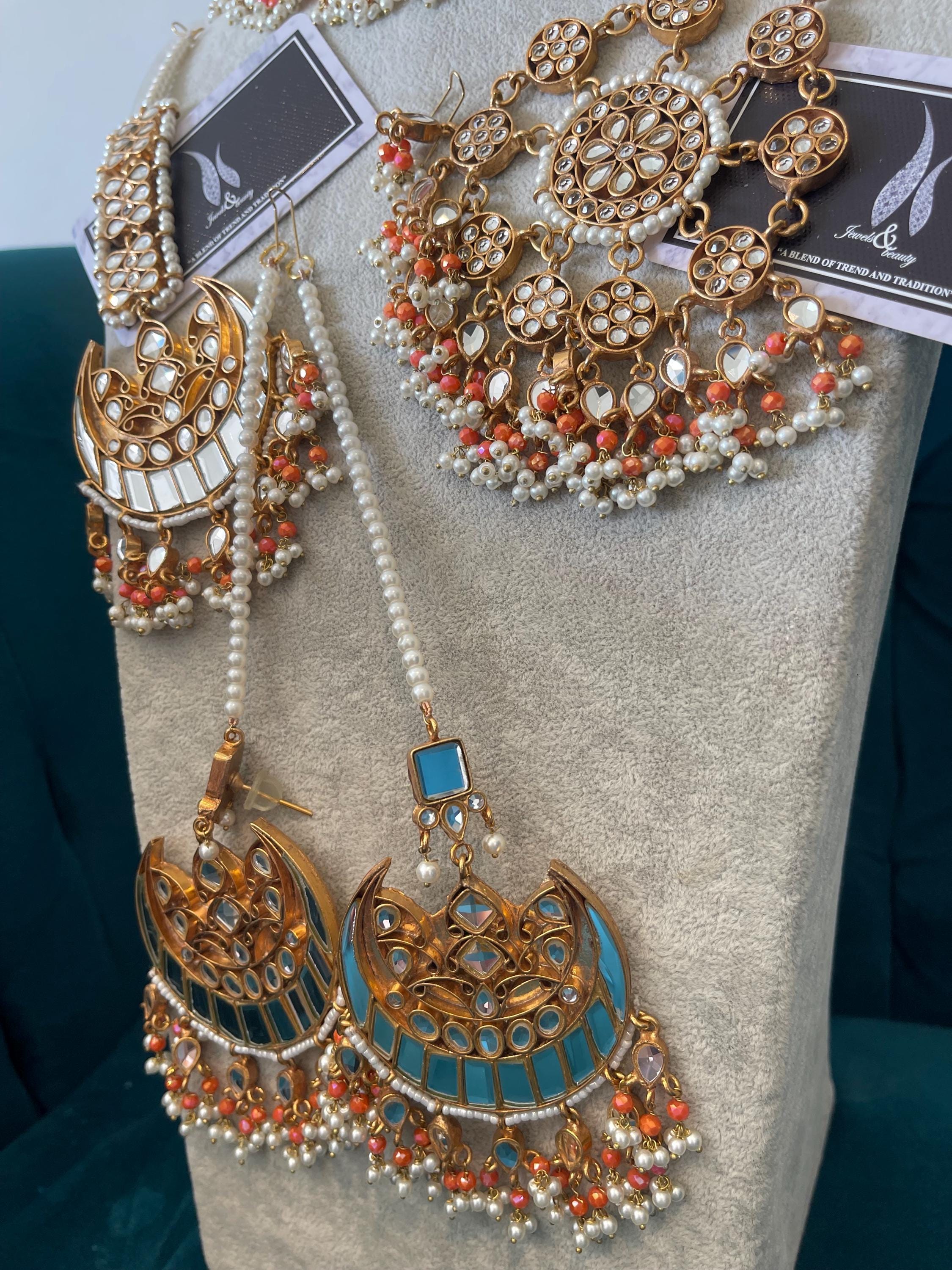 Gold Plated Kundan Bridal Jewelry Set: Peach & White Pearl Necklace Earrings Tikka Jhummar