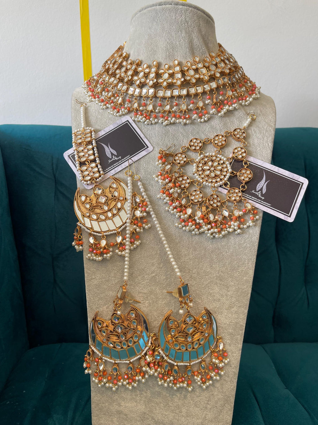 Gold Plated Kundan Bridal Jewelry Set: Peach & White Pearl Necklace Earrings Tikka Jhummar